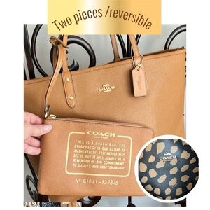 Coach Reversible City Tote / Pouch - Signature Canvas Khaki / Metallic / Navy